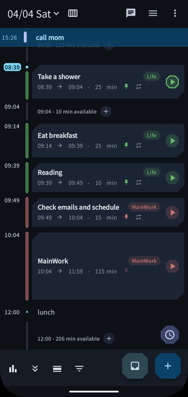 Timlin timeline screen with planned and actual side by side