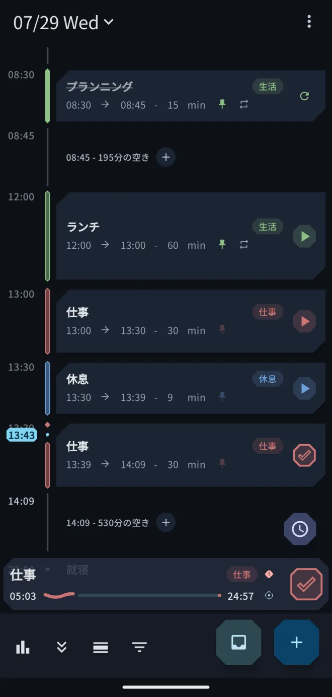 Timlin のタイムライン画面。予定と実績が縦に並んでいる